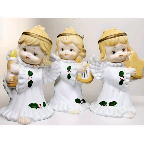Vtg Trio of 3 Praying Angels Wings Holly Porcelain Harp Candle Star Taiwan 4”H - Picture 9 of 9